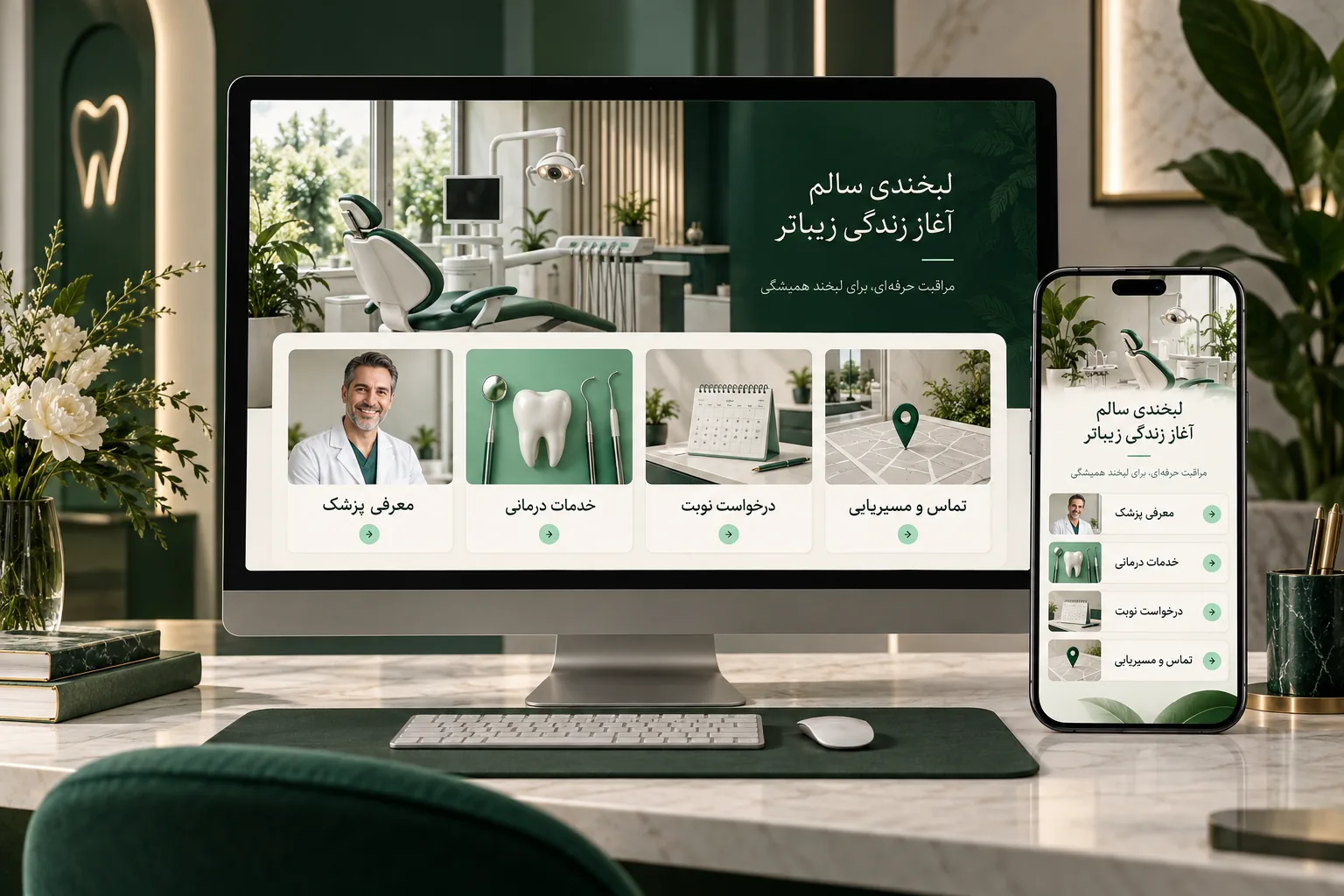 اینفوگرافیک امکانات ضروری سایت دندانپزشکی شامل معرفی خدمات، نوبت‌دهی و تماس