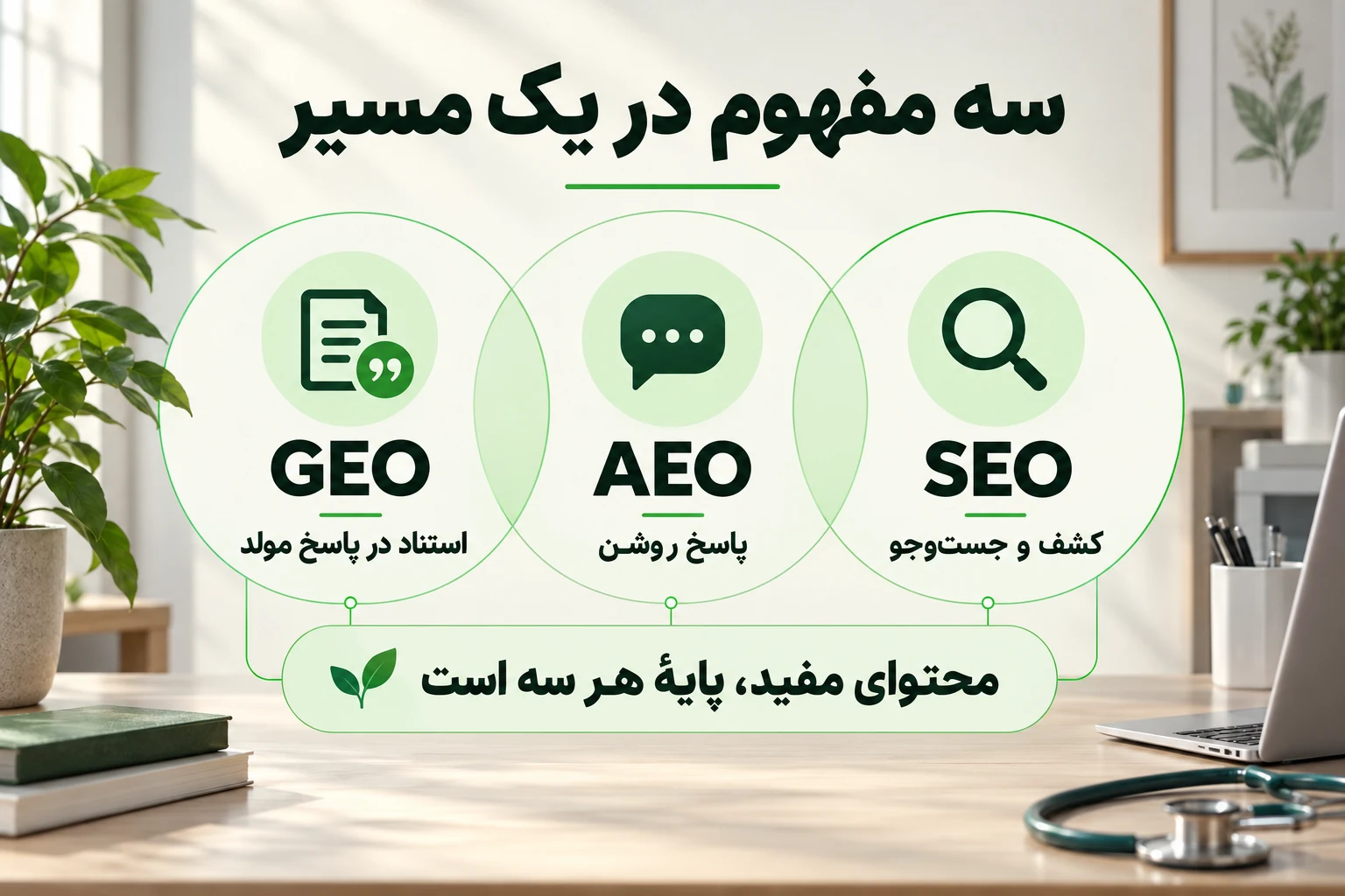 سه مفهوم مرتبط: SEO برای کشف و جستوجو، AEO برای پاسخ روشن و GEO برای استناد در پاسخ مولد؛ محتوای مفید پایهٔ مشترک است.